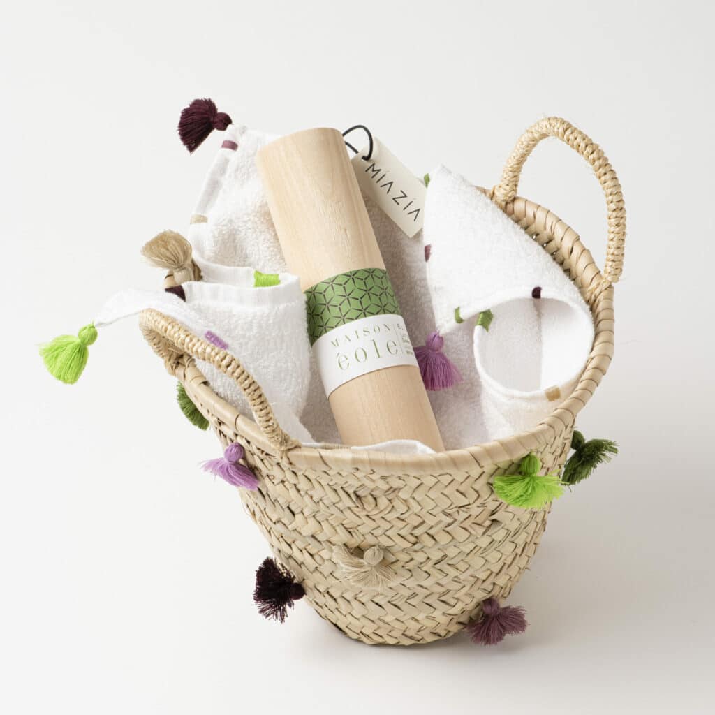 SUD ETOFFE Panier Serviettes Invité Fanny - Natural - Petit Panier Rond Avec 6 Serviettes Éponge 30x30 Cm